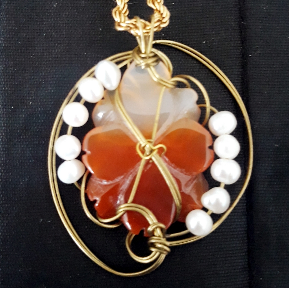 Vintage Carved Carnelian and Pearl Flower Pendant + Monet Chunky Gold Tone Chain - Picture 3 of 14